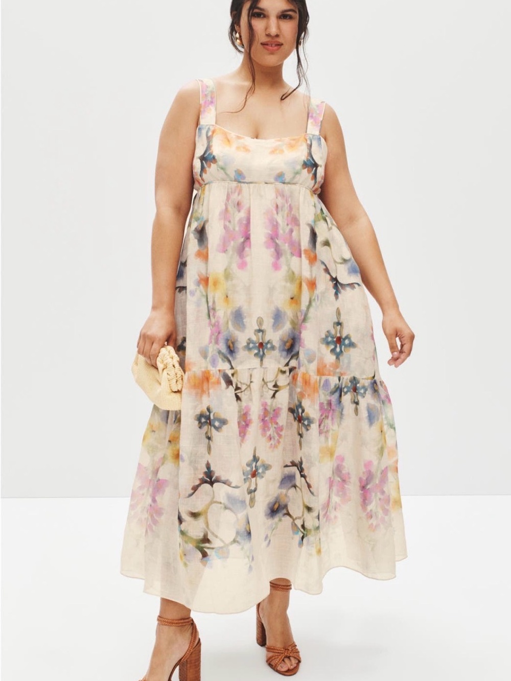 Marchesa Cream Floral Tiered Midi Dress with Pink, Blue & Yellow Blooms